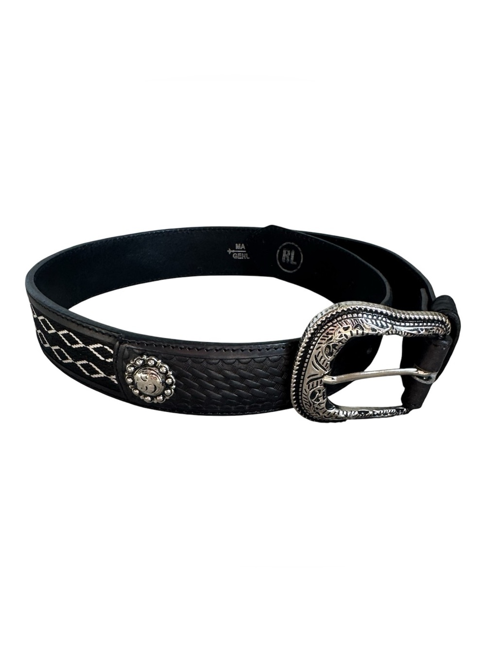 Vintage Ralph Lauren Western Basketweave Leather Belt  Silver Patina Buckle NWOT